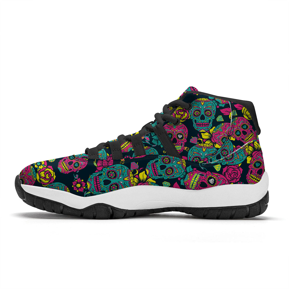 Sugar Skull Girly Skeleton Floral Pattern Print Black Bball Shoes-grizzshop