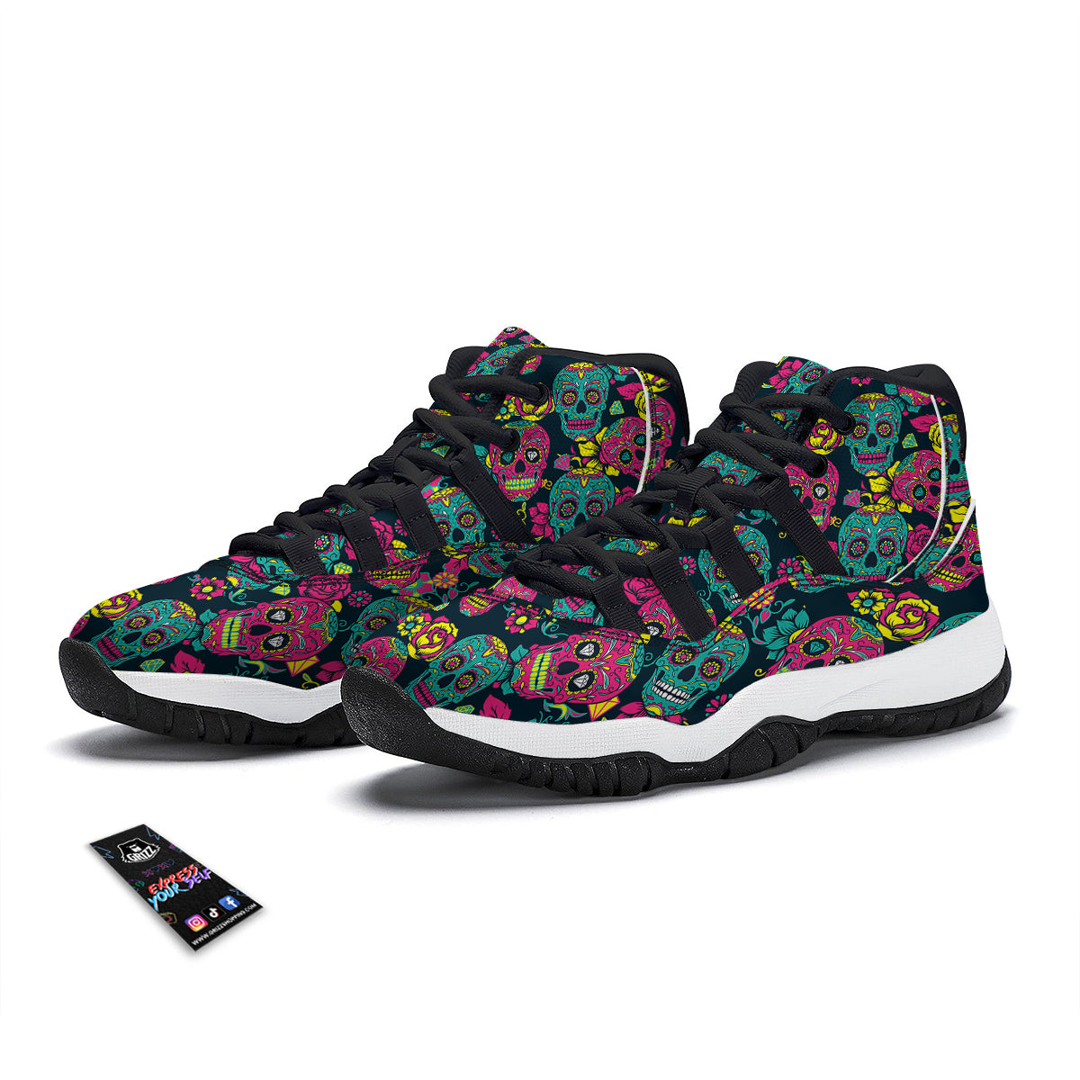 Sugar Skull Girly Skeleton Floral Pattern Print Black Bball Shoes-grizzshop