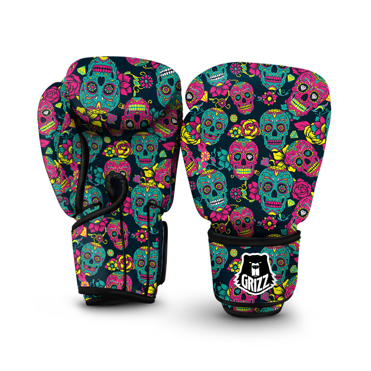 Sugar Skull Girly Skeleton Floral Pattern Print Boxing Gloves-grizzshop