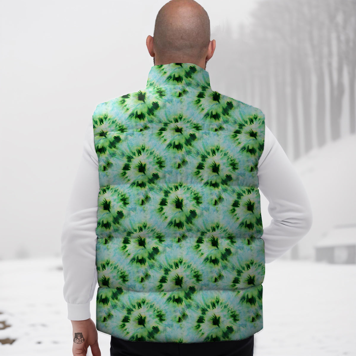 Tie Dye Black Green Watercolor Print Down Vest