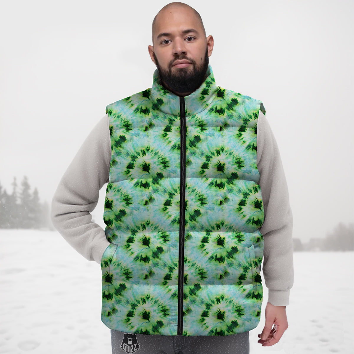 Tie Dye Black Green Watercolor Print Down Vest