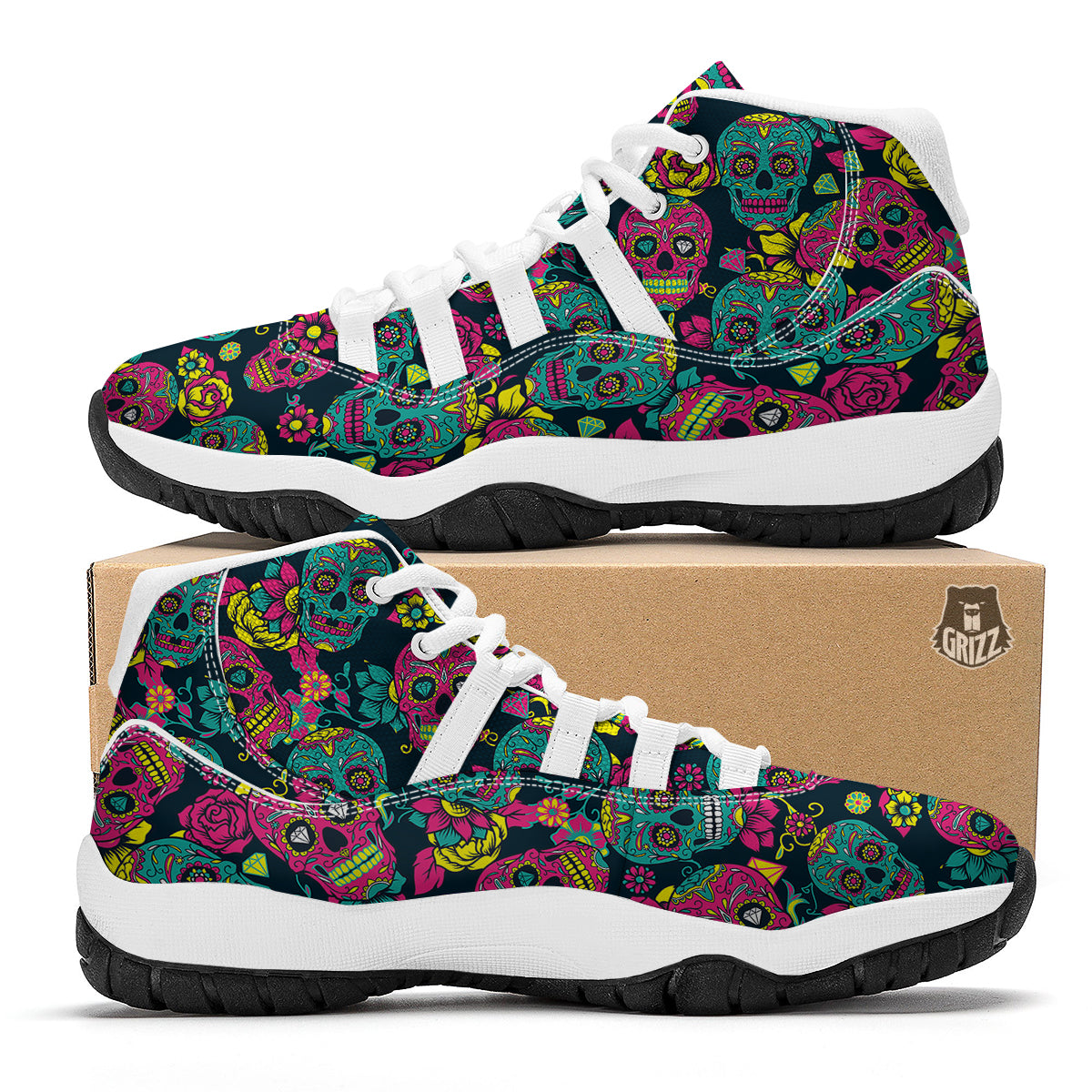 Sugar Skull Girly Skeleton Floral Pattern Print White Bball Shoes-grizzshop