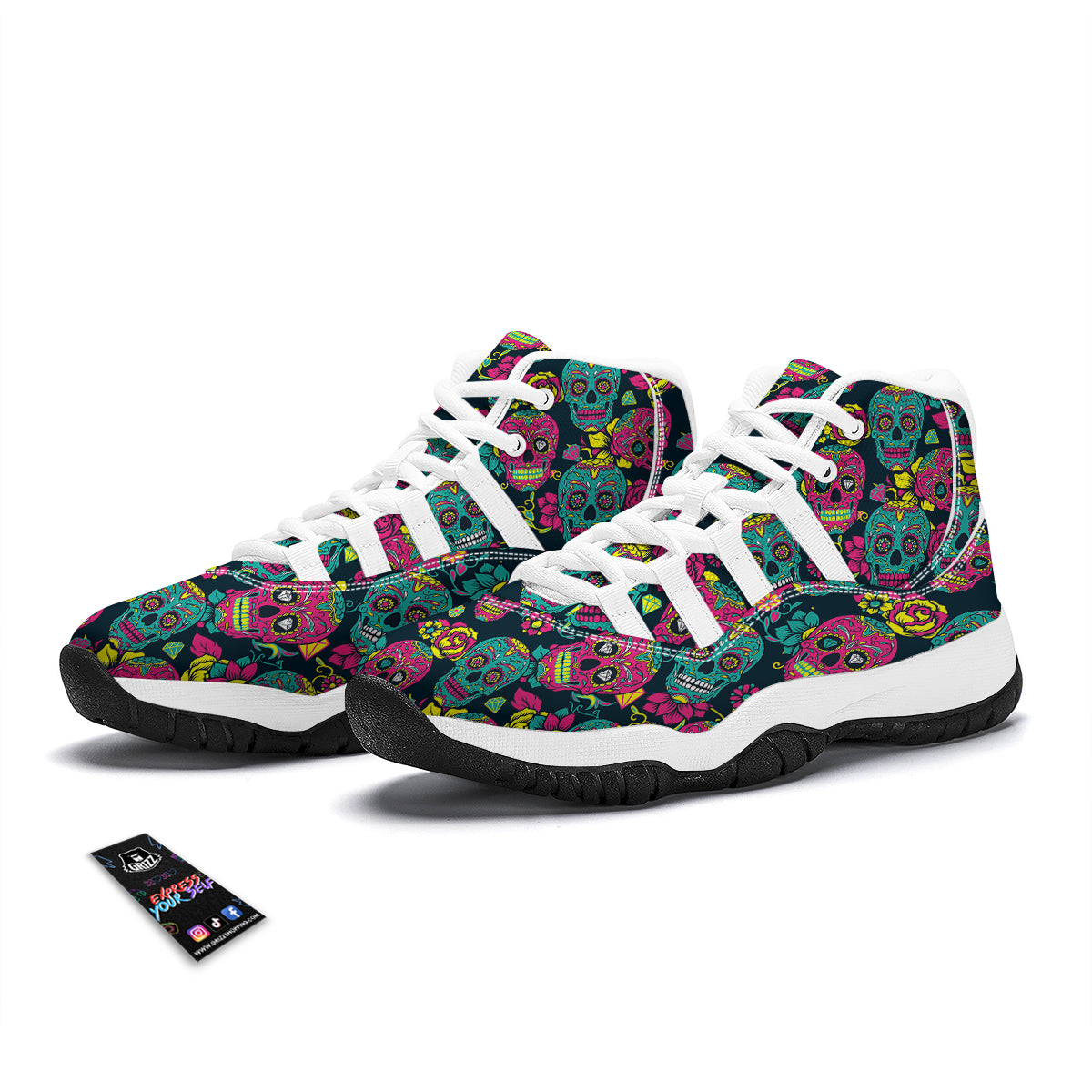 Sugar Skull Girly Skeleton Floral Pattern Print White Bball Shoes-grizzshop