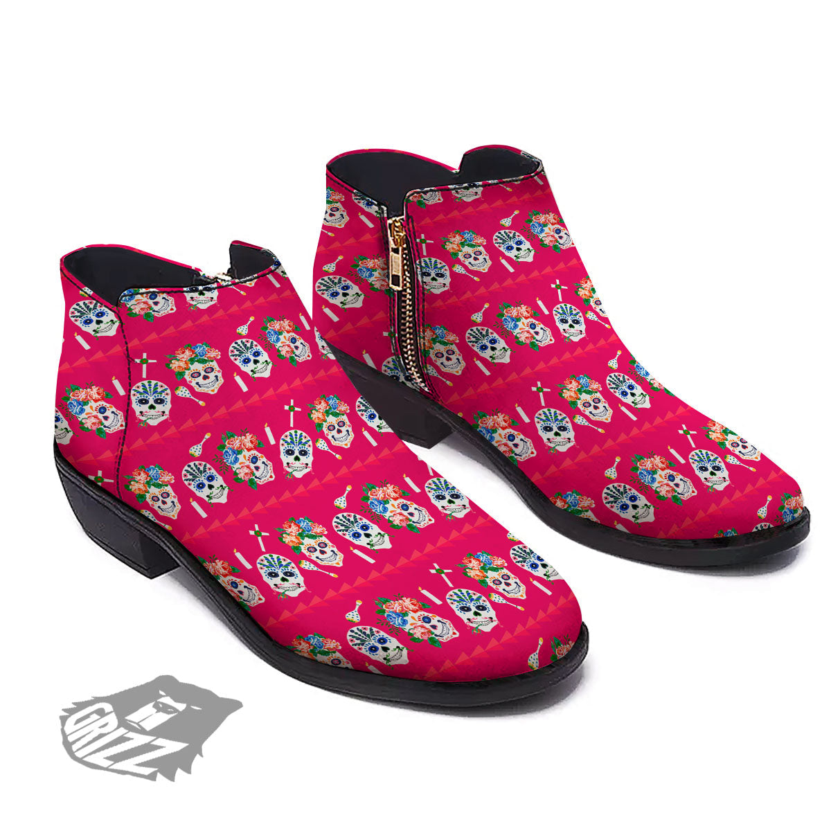 Sugar Skull Pink Print Pattern Ankle Boots-grizzshop