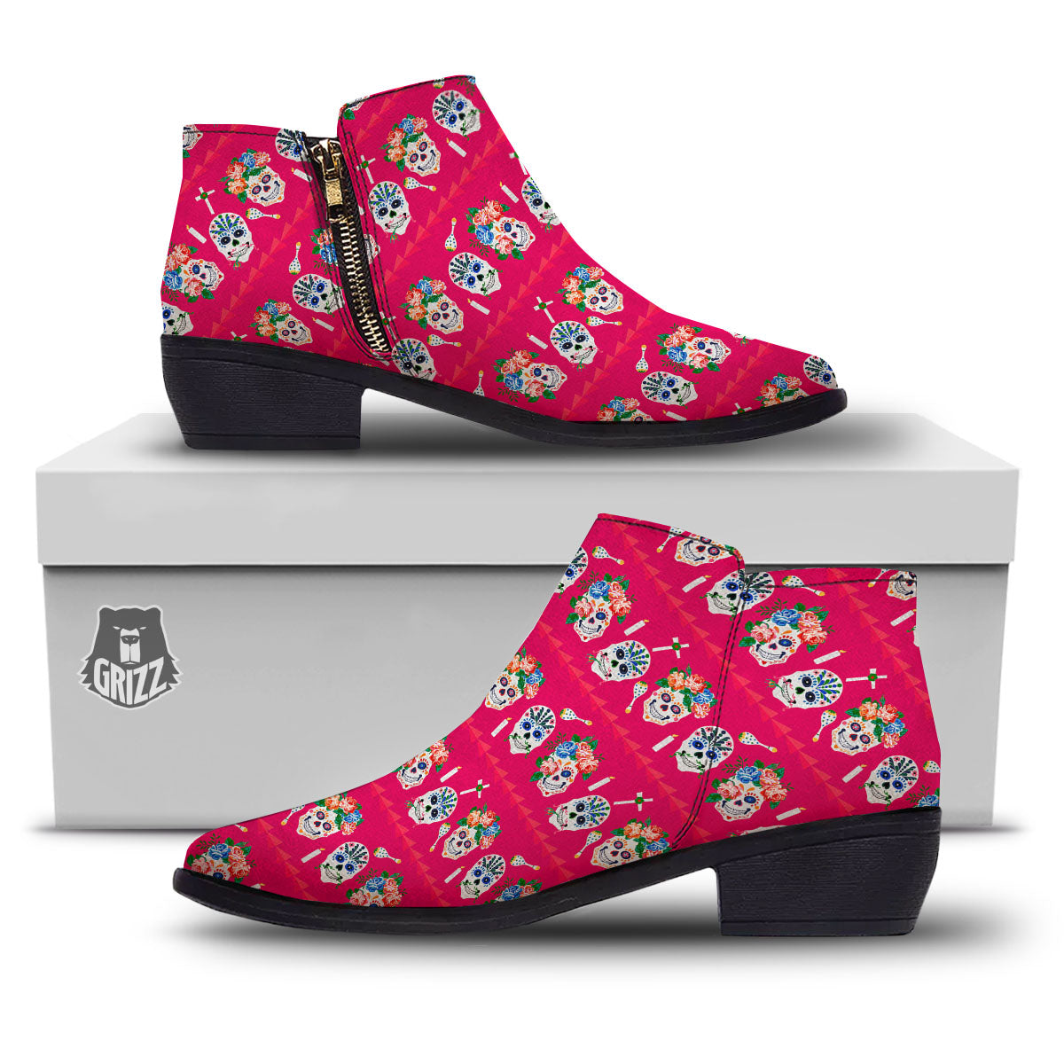 Sugar Skull Pink Print Pattern Ankle Boots-grizzshop