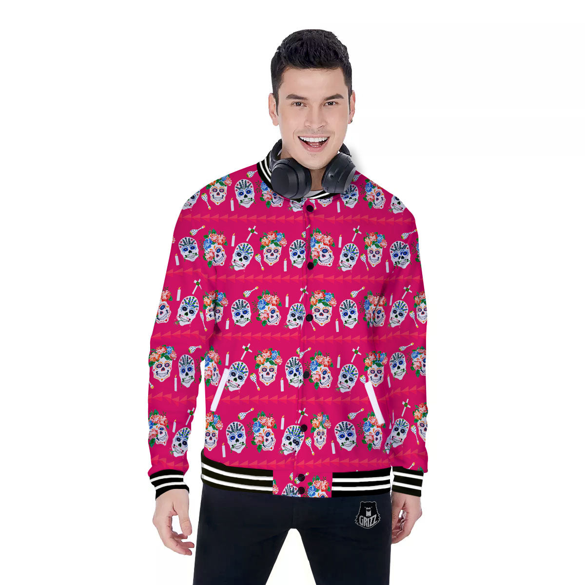 Sugar Skull Pink Print Pattern Baseball Jacket-grizzshop