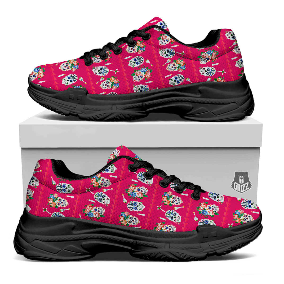 Sugar Skull Pink Print Pattern Black Chunky Shoes-grizzshop