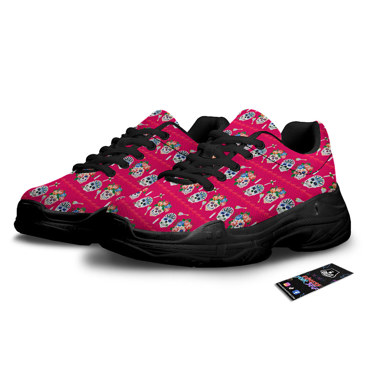Sugar Skull Pink Print Pattern Black Chunky Shoes-grizzshop