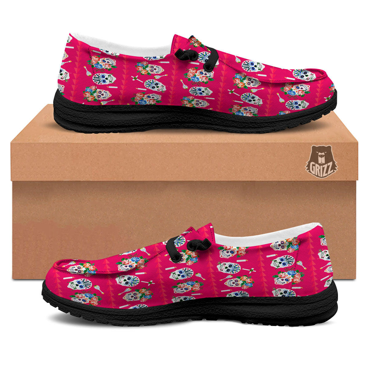 Sugar Skull Pink Print Pattern Black Loafers-grizzshop