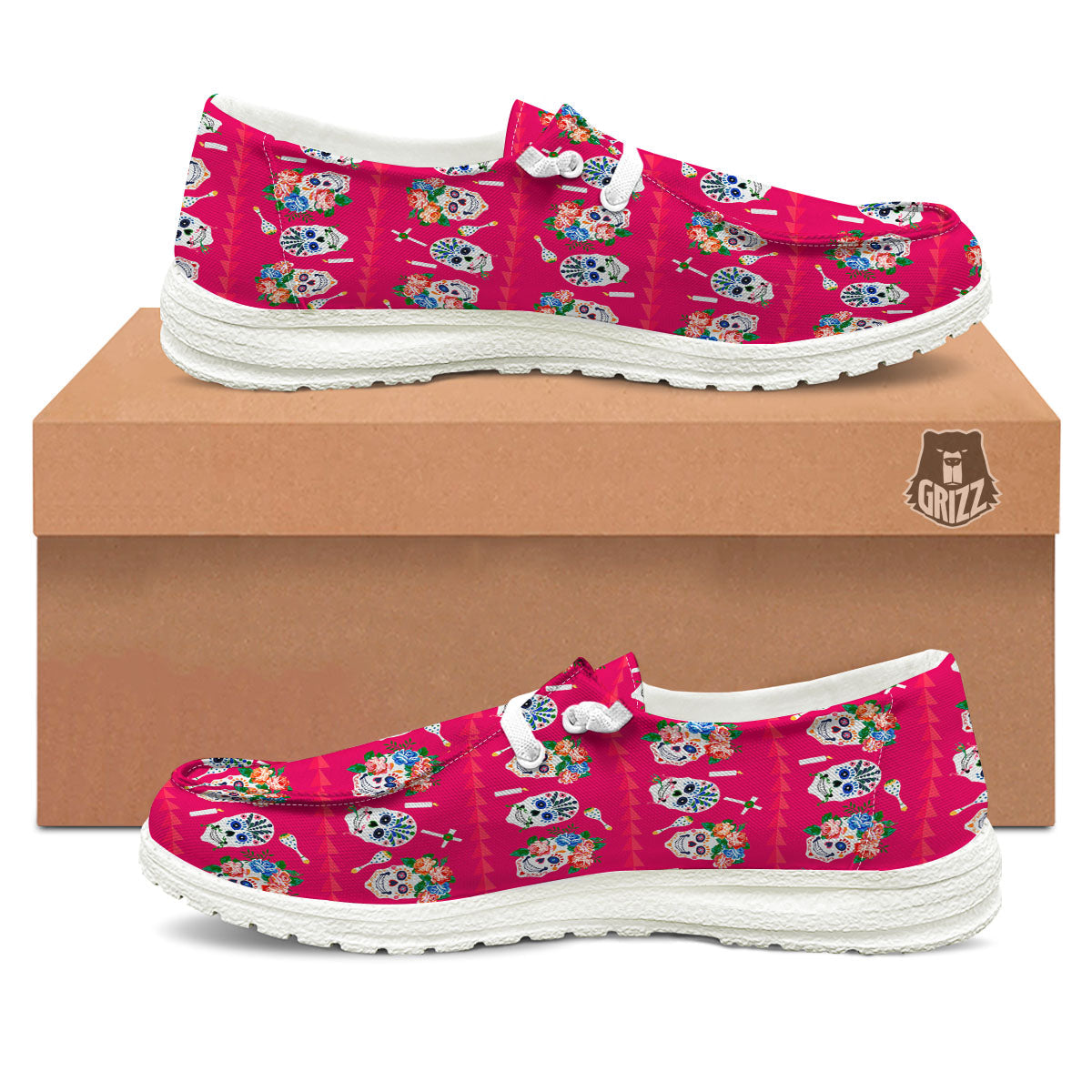 Sugar Skull Pink Print Pattern Black Loafers-grizzshop