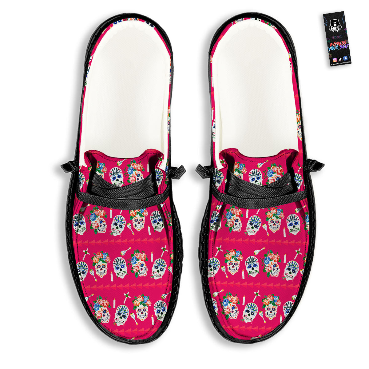 Sugar Skull Pink Print Pattern Black Loafers-grizzshop