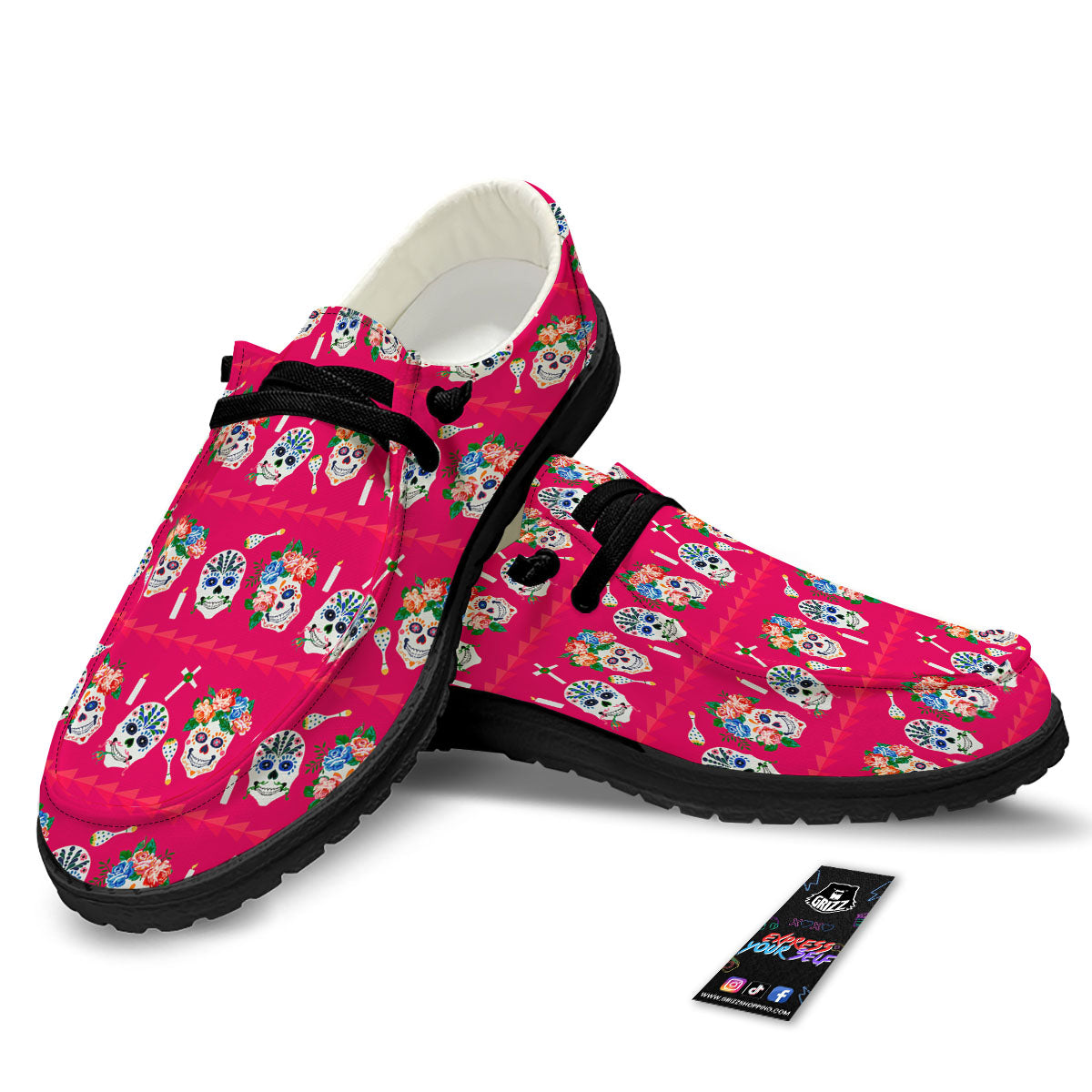 Sugar Skull Pink Print Pattern Black Loafers-grizzshop