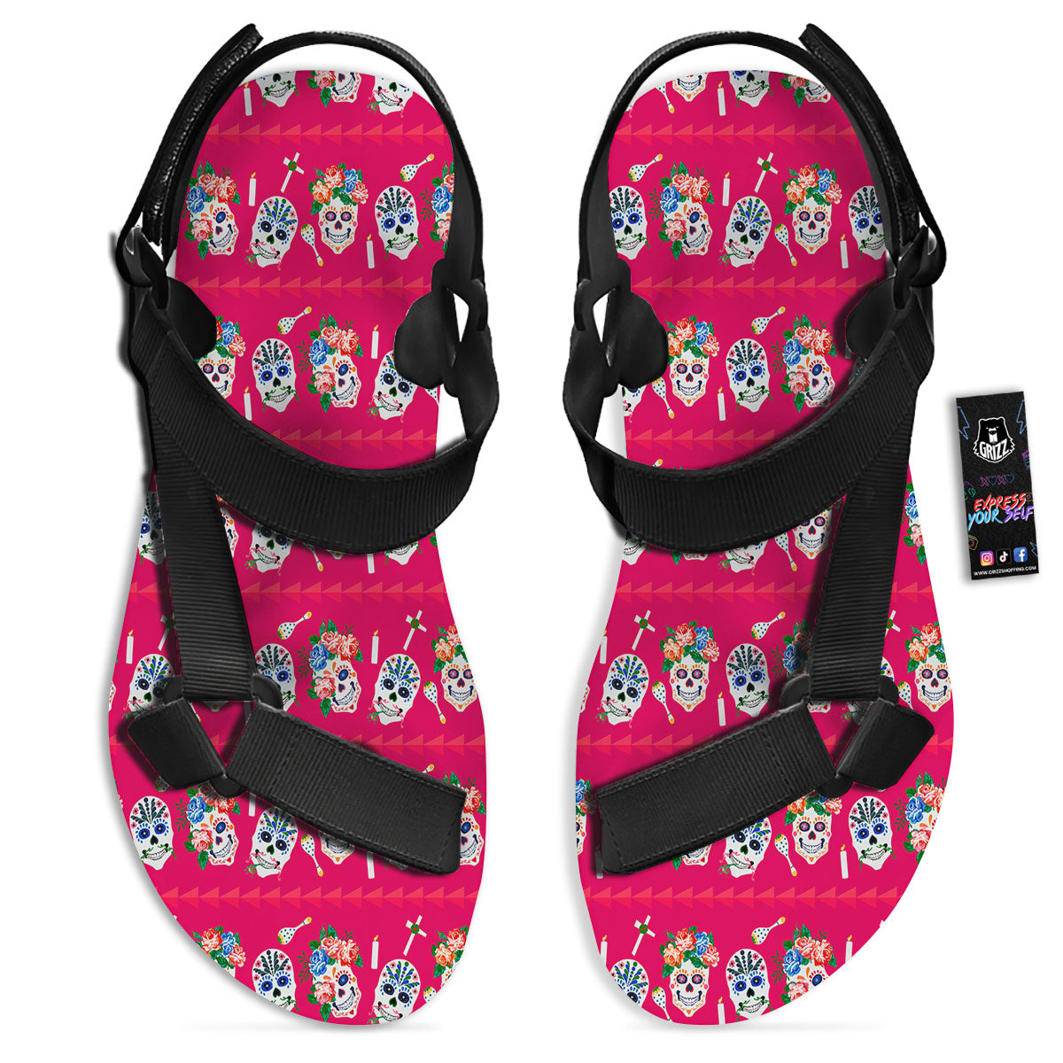 Sugar Skull Pink Print Pattern Black Open Toe Sandals-grizzshop