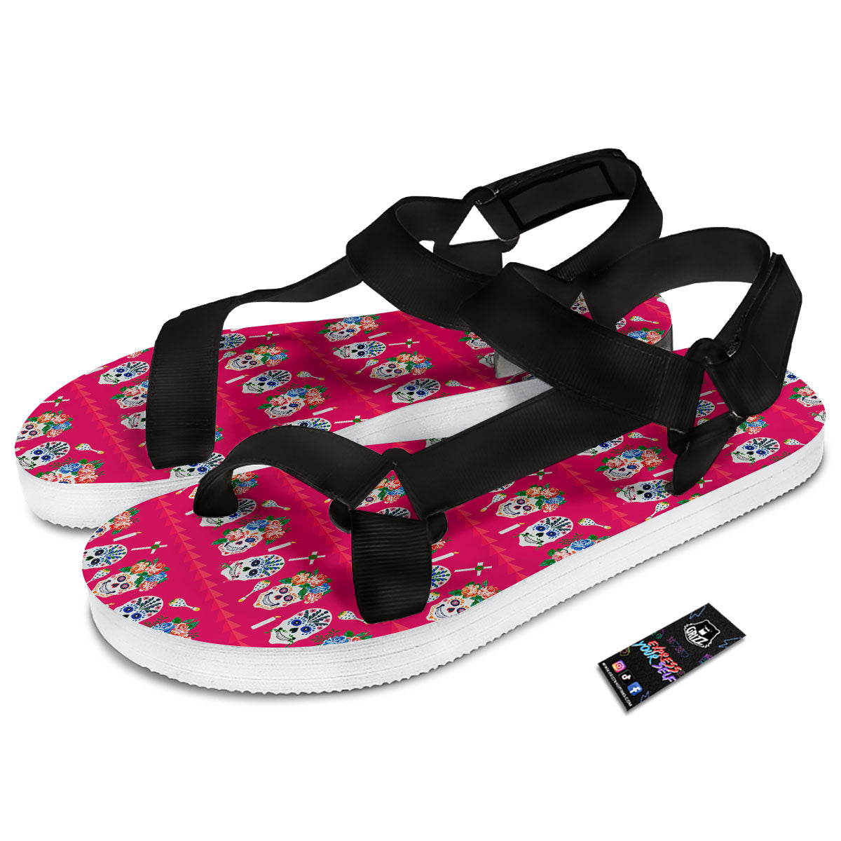 Sugar Skull Pink Print Pattern Black Open Toe Sandals-grizzshop