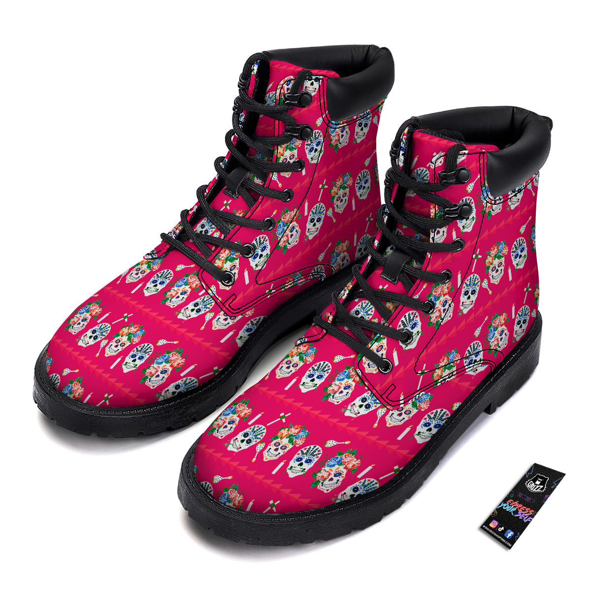 Sugar Skull Pink Print Pattern Boots-grizzshop