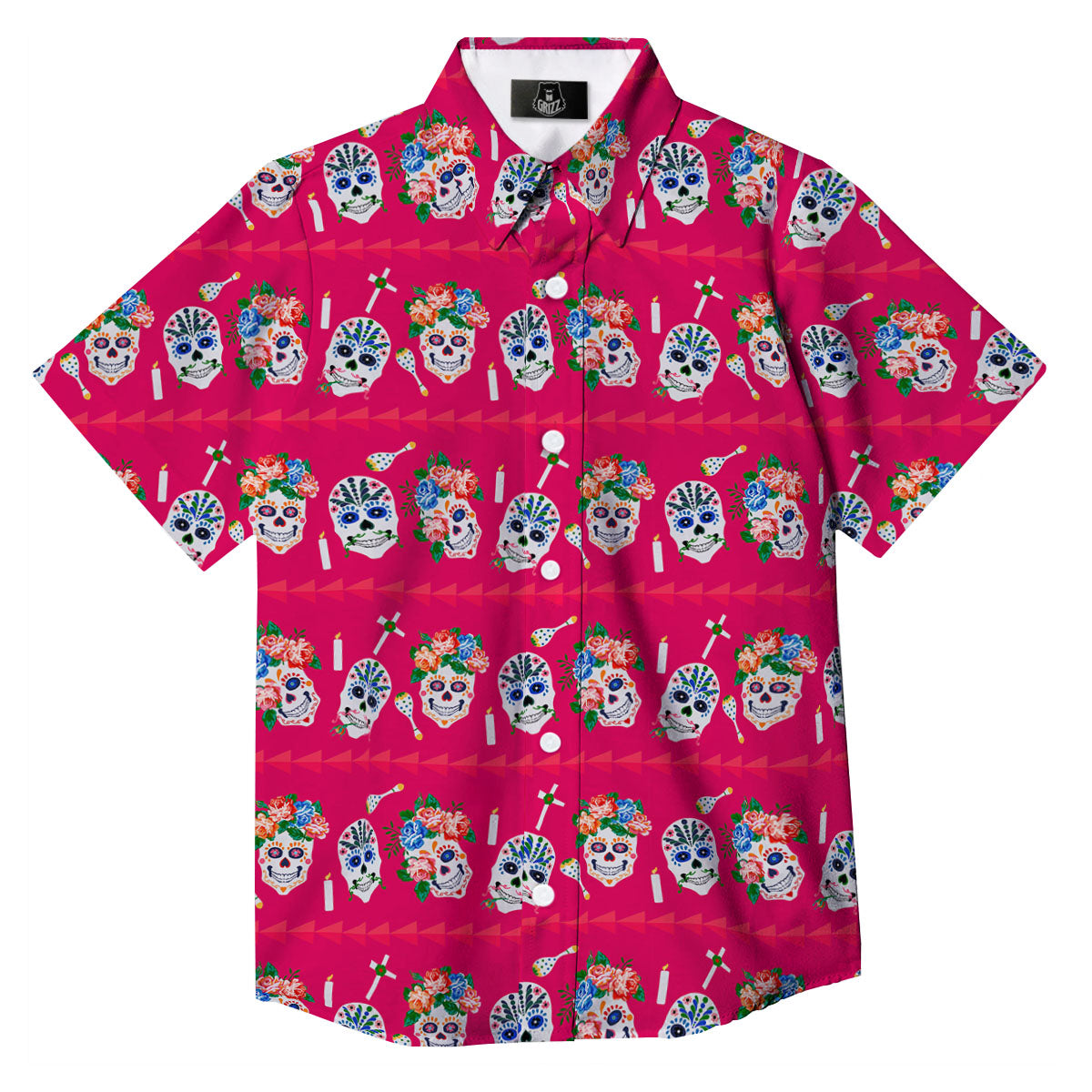 Sugar Skull Pink Print Pattern Button Up Shirt-grizzshop