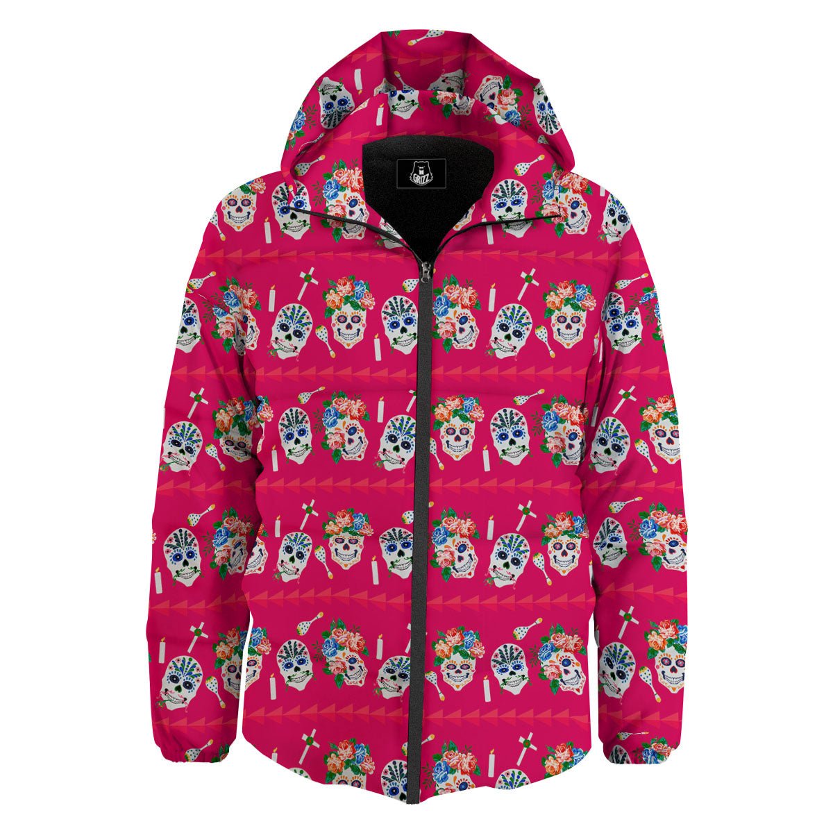 Sugar Skull Pink Print Pattern Down Jacket-grizzshop