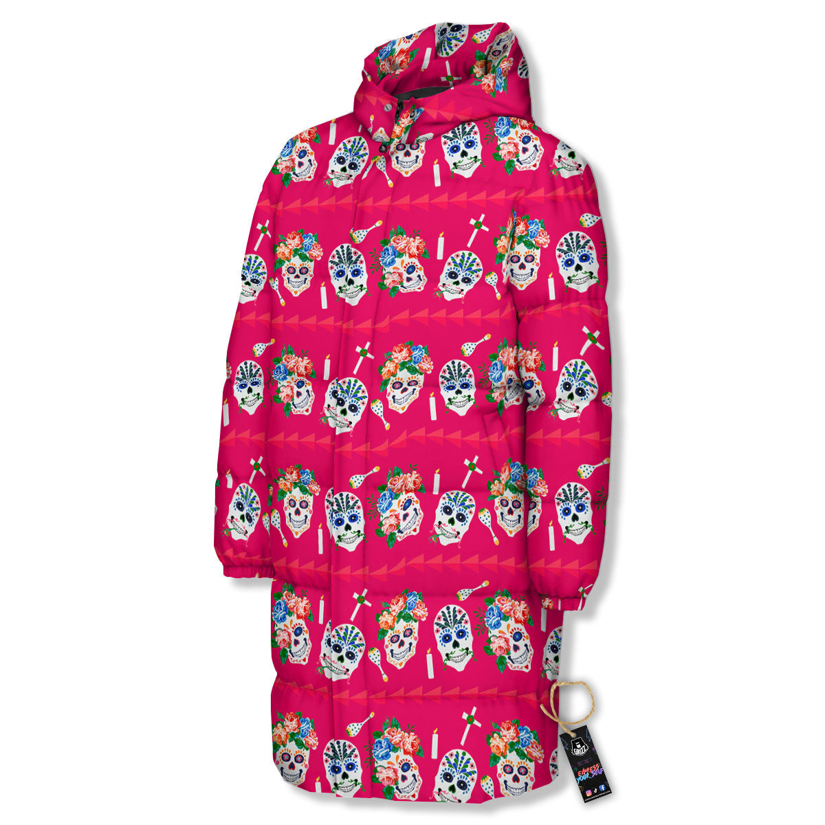 Sugar Skull Pink Print Pattern Long Down Jacket-grizzshop