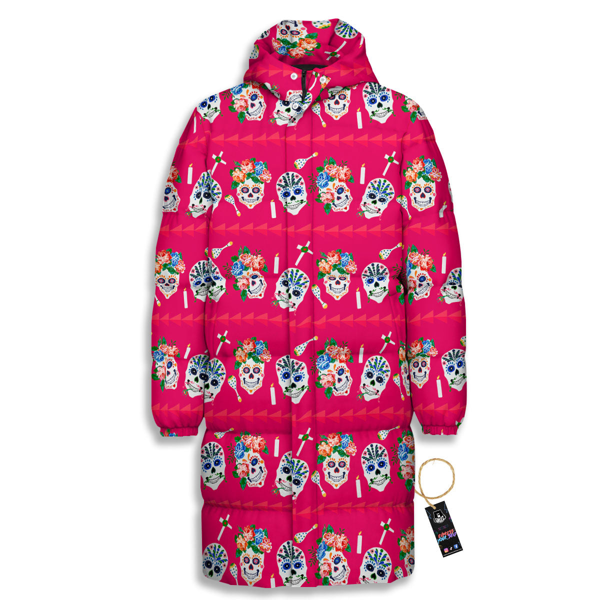Sugar Skull Pink Print Pattern Long Down Jacket-grizzshop
