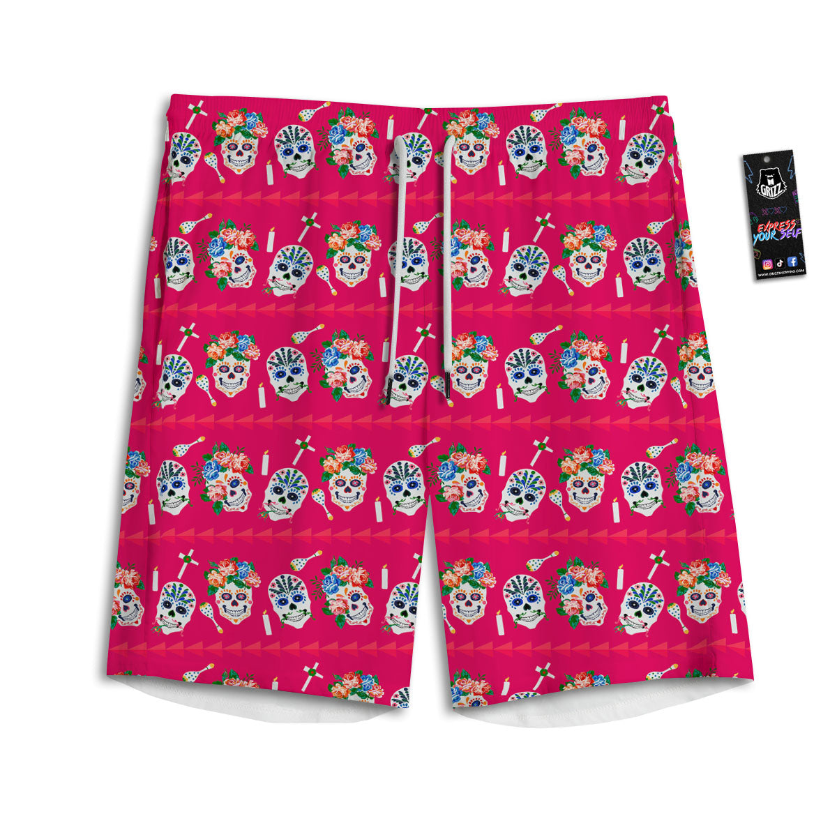 Sugar Skull Pink Print Pattern Men's Athletic Shorts