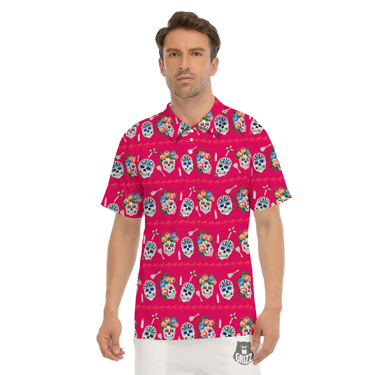 Sugar Skull Pink Print Pattern Men's Golf Shirts-grizzshop