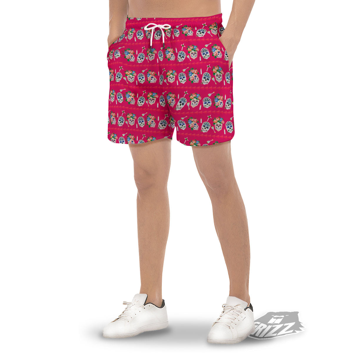 Sugar Skull Pink Print Pattern Men's Gym Shorts-grizzshop
