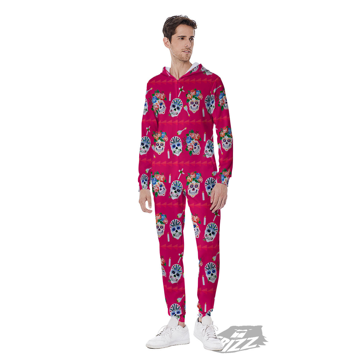 Sugar Skull Pink Print Pattern Men's Jumpsuit-grizzshop