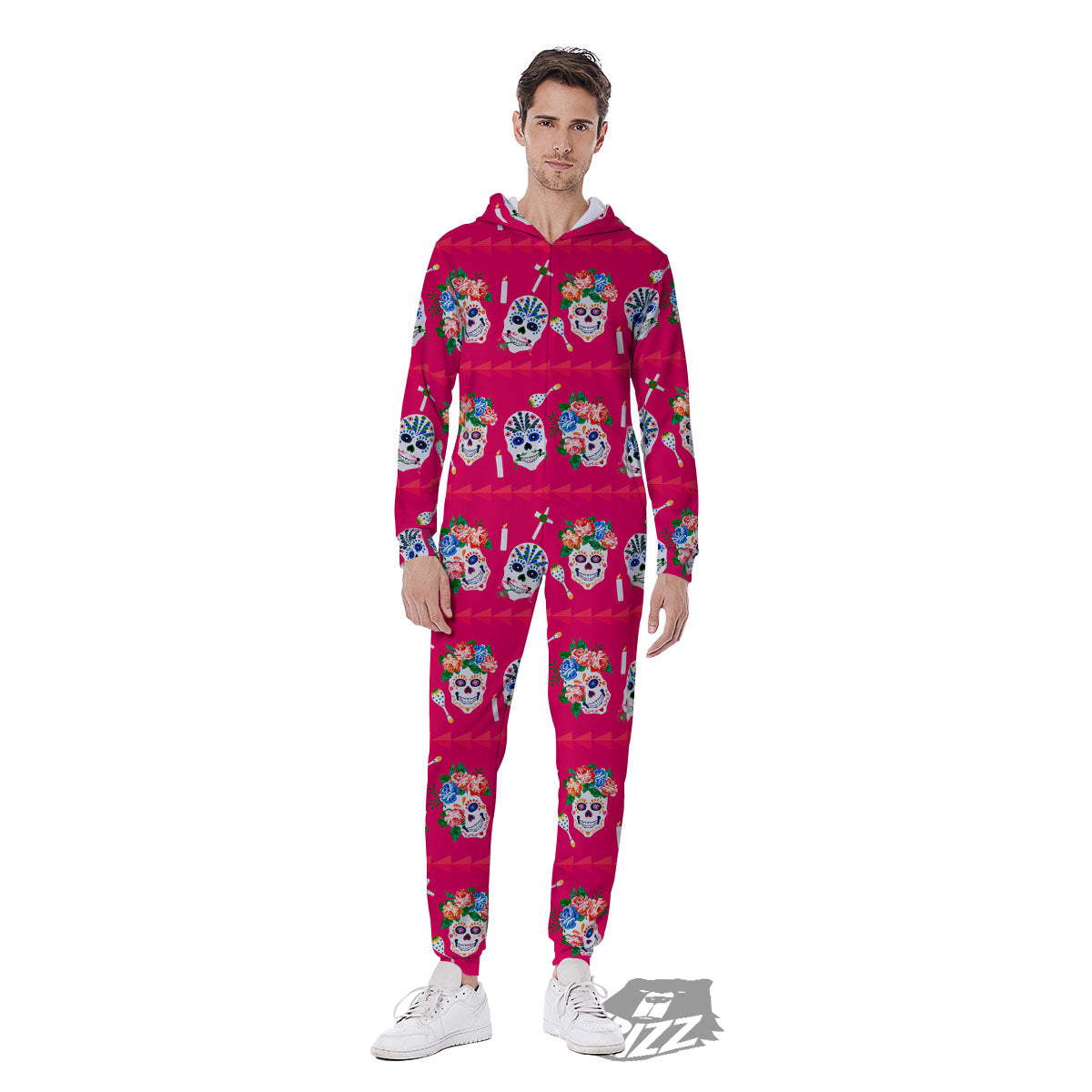 Sugar Skull Pink Print Pattern Men's Jumpsuit-grizzshop