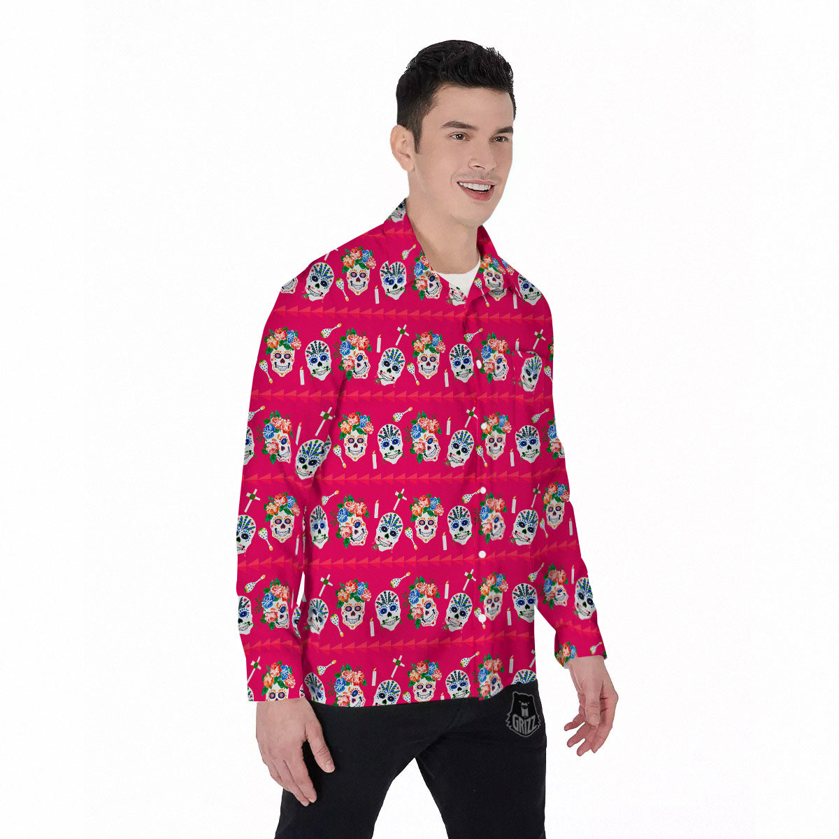 Sugar Skull Pink Print Pattern Men's Long Sleeve Shirts-grizzshop