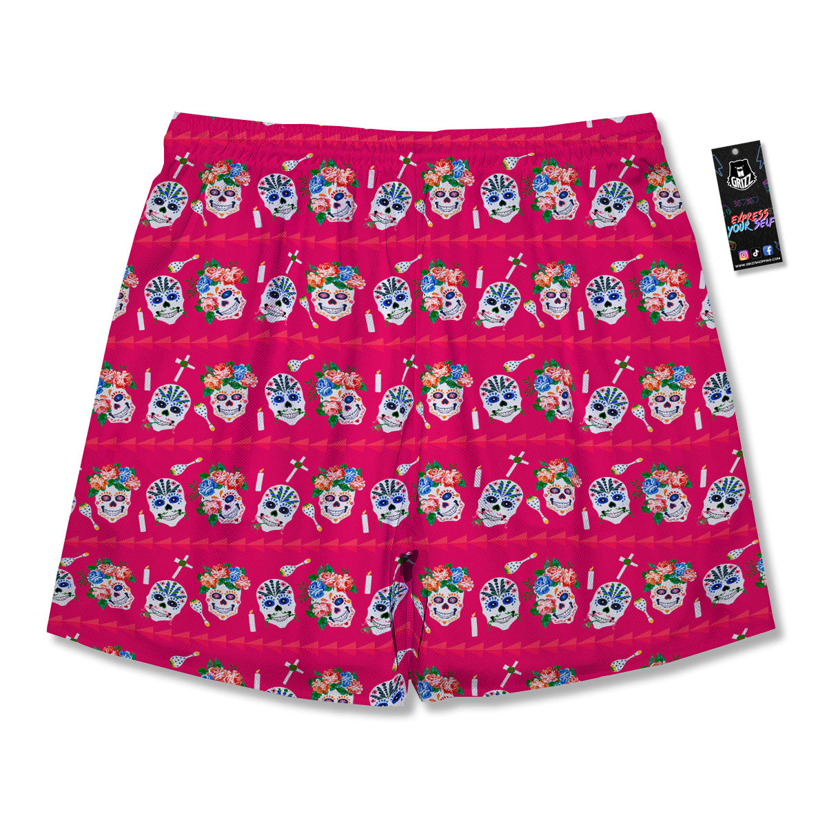 Sugar Skull Pink Print Pattern Men's Running Shorts-grizzshop