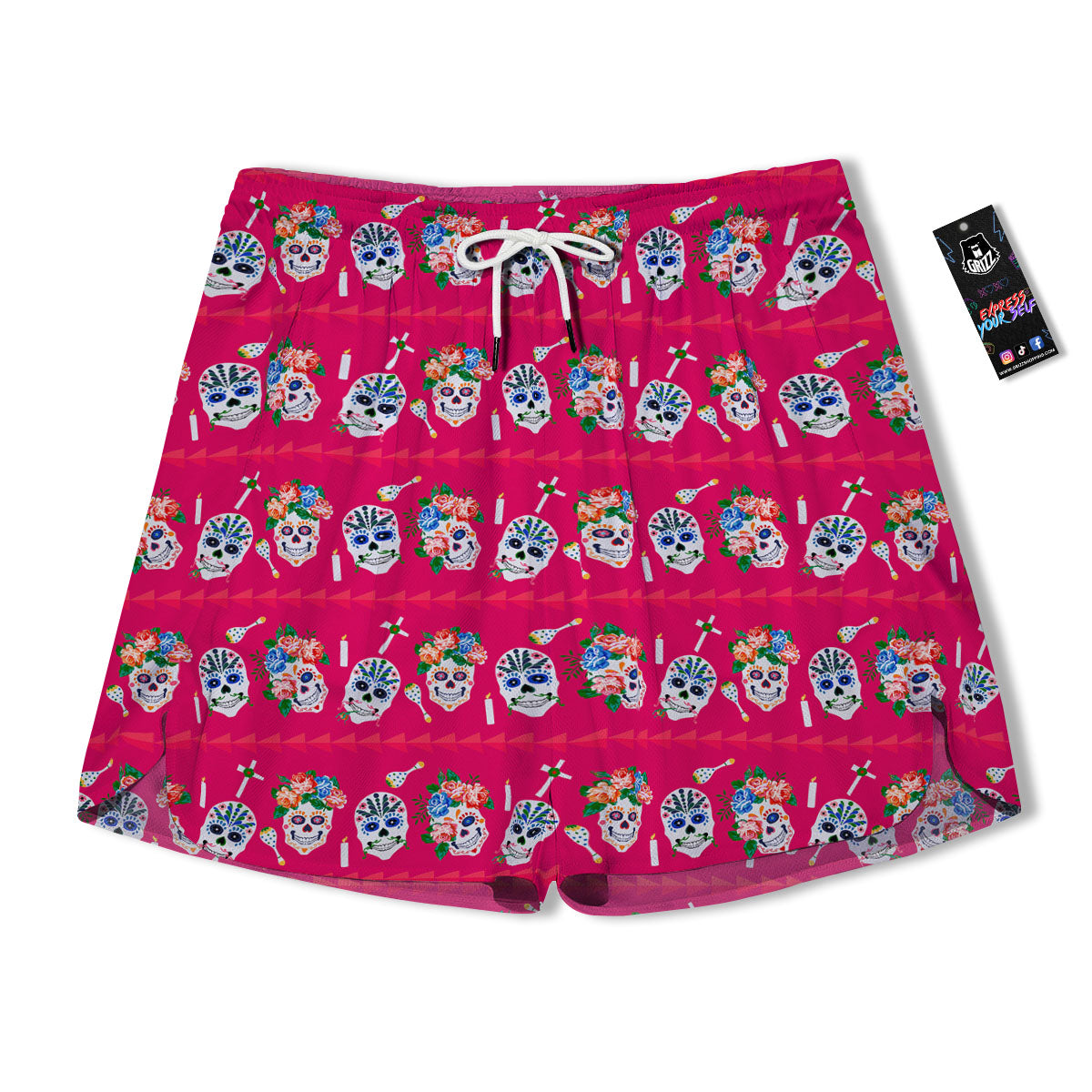 Sugar Skull Pink Print Pattern Men's Running Shorts-grizzshop