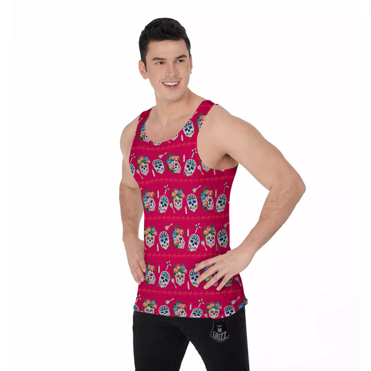 Sugar Skull Pink Print Pattern Men's Tank Top-grizzshop