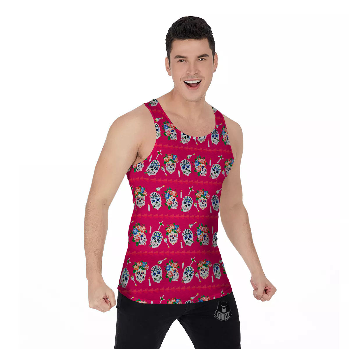 Sugar Skull Pink Print Pattern Men's Tank Top-grizzshop