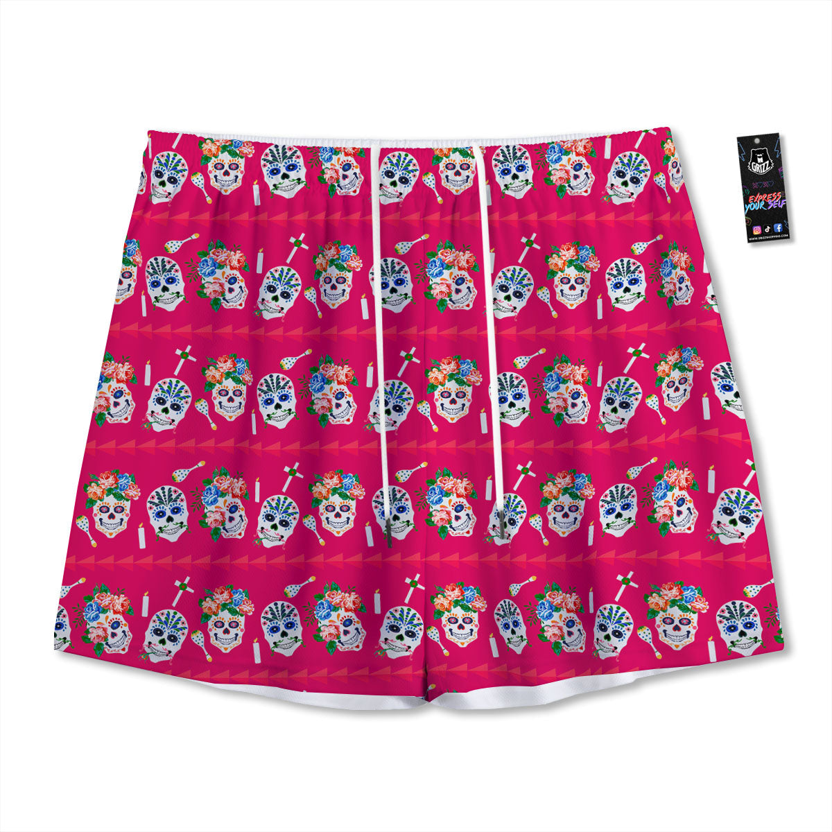 Sugar Skull Pink Print Pattern Mesh Shorts
