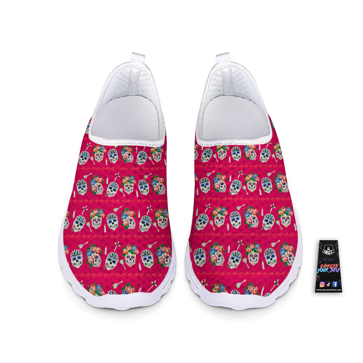 Sugar Skull Pink Print Pattern Nurse Shoes-grizzshop