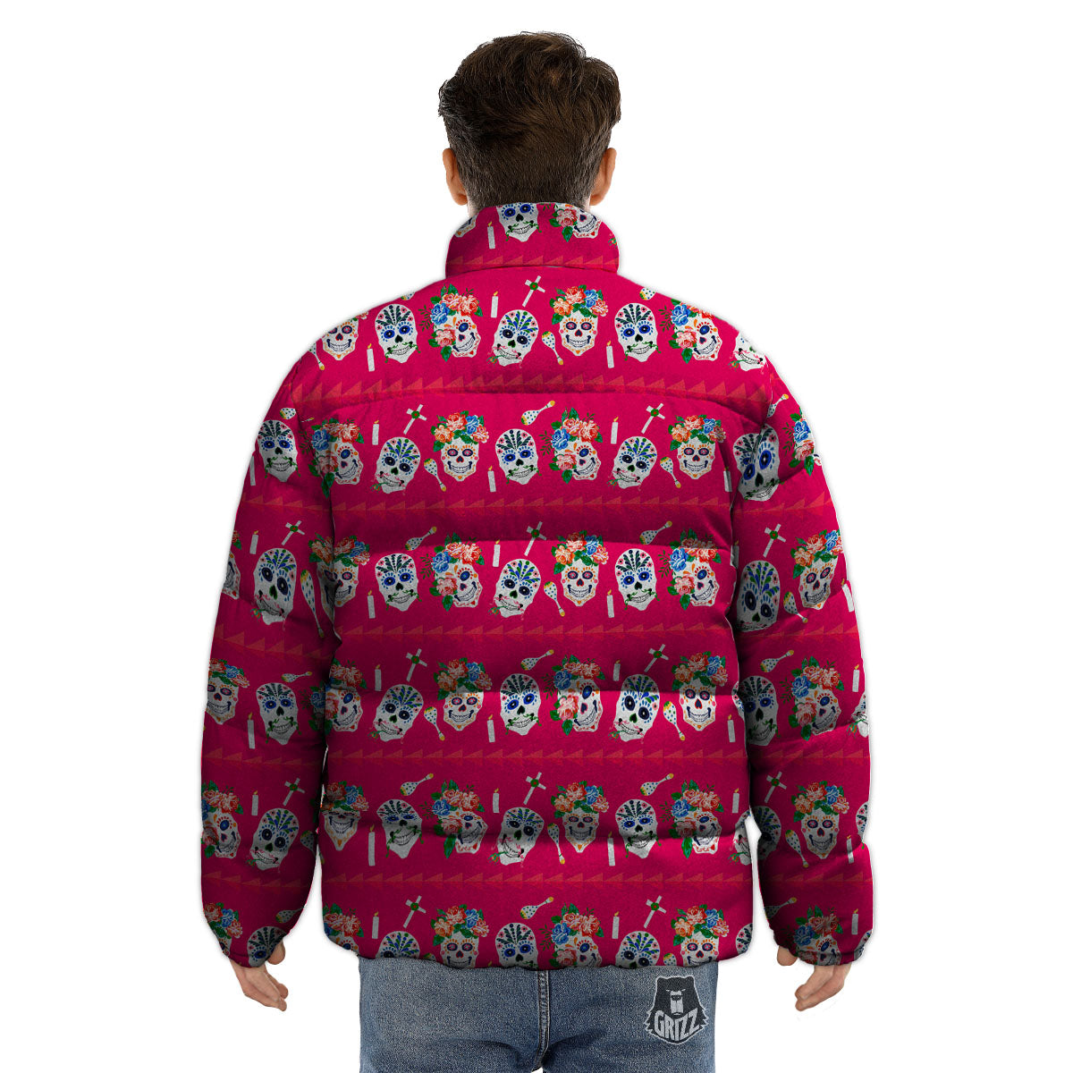 Sugar Skull Pink Print Pattern Puffer Jacket-grizzshop