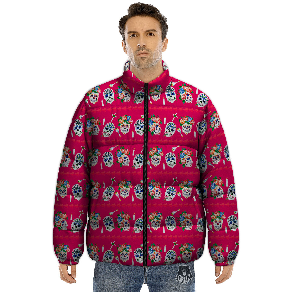 Sugar Skull Pink Print Pattern Puffer Jacket-grizzshop