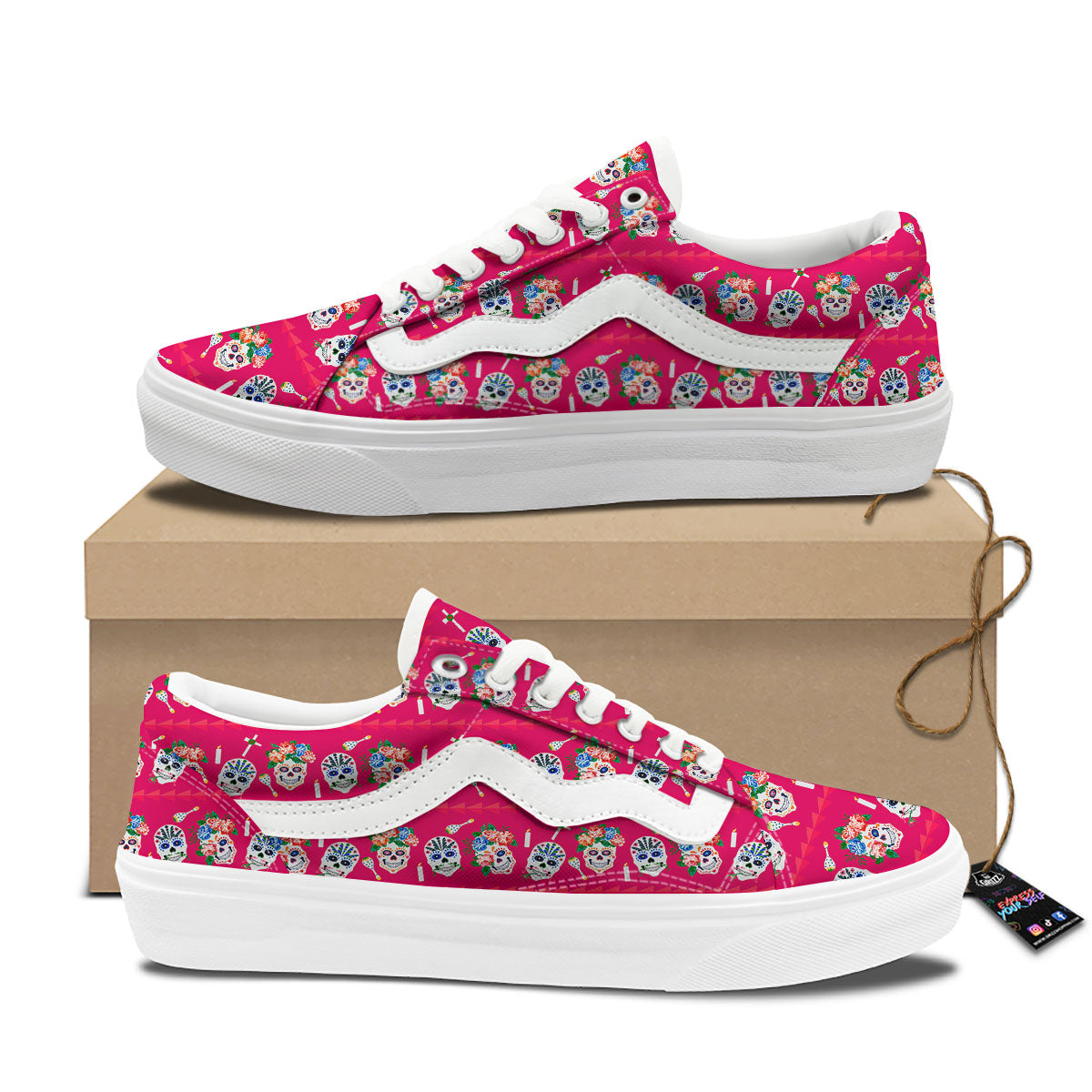 Sugar Skull Pink Print Pattern Skate Shoes-grizzshop