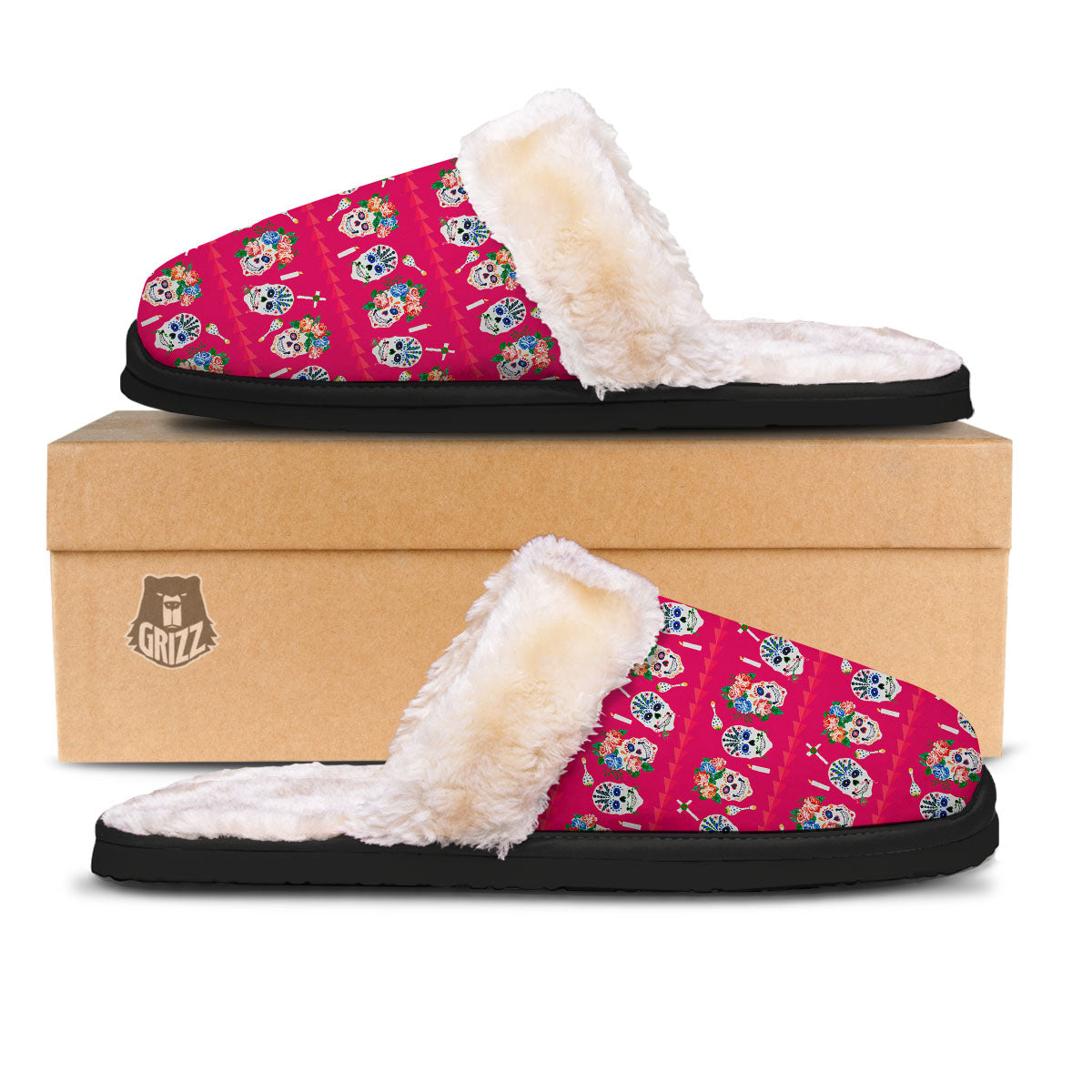 Sugar Skull Pink Print Pattern Slippers-grizzshop