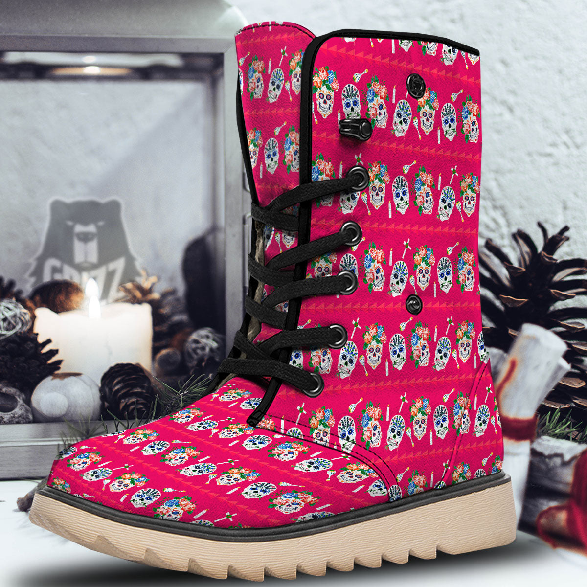 Sugar Skull Pink Print Pattern Snow Boots-grizzshop