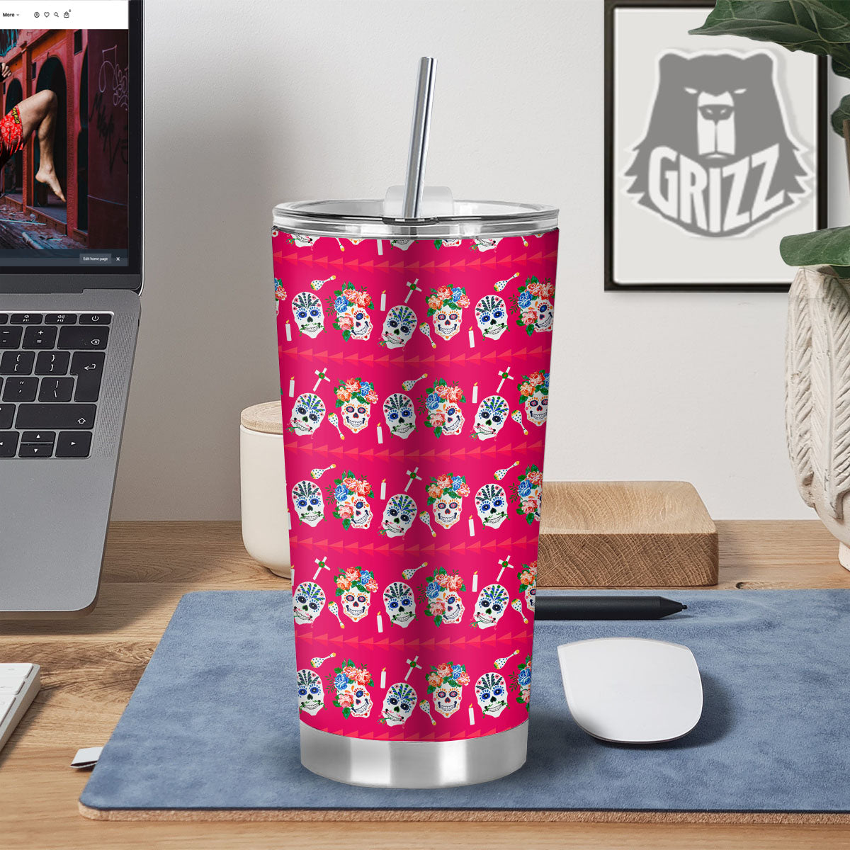 Sugar Skull Pink Print Pattern Tumbler-grizzshop