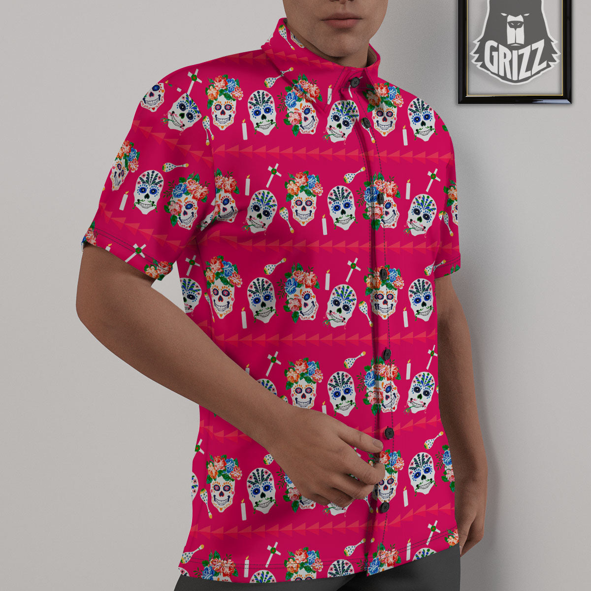 Sugar Skull Pink Print Pattern Untucked Shirts-grizzshop