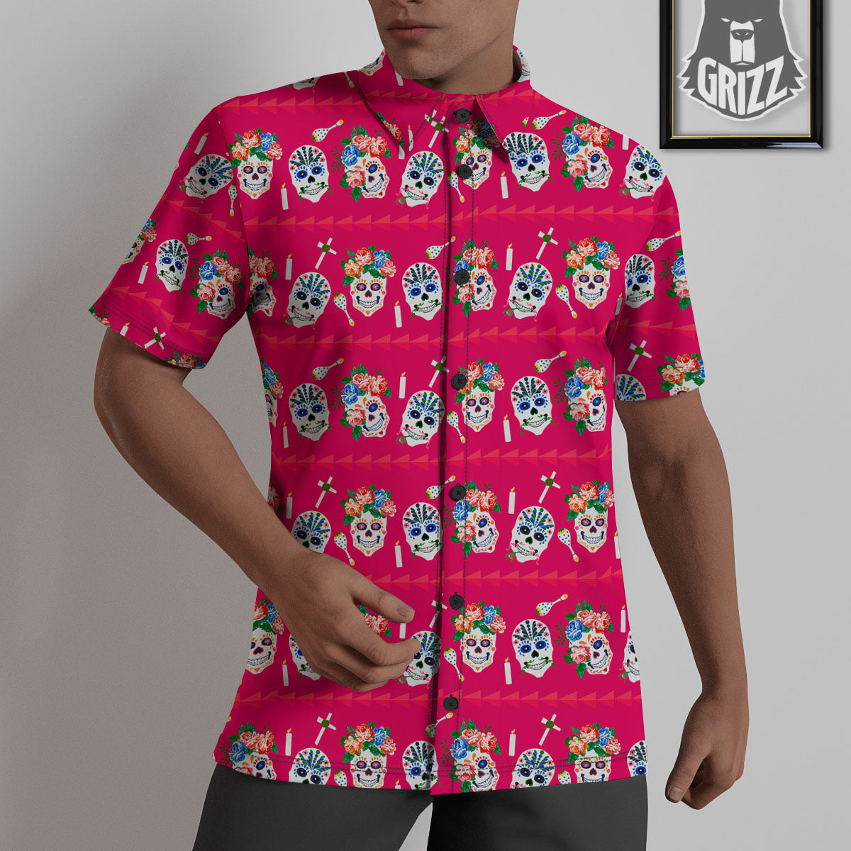 Sugar Skull Pink Print Pattern Untucked Shirts-grizzshop