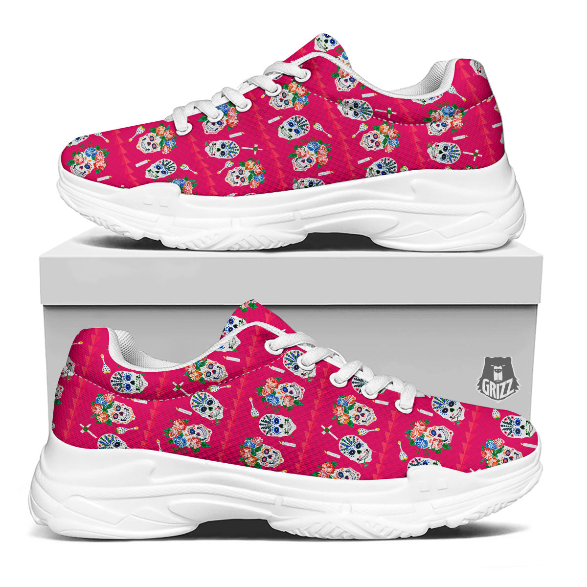 Sugar Skull Pink Print Pattern White Chunky Shoes-grizzshop