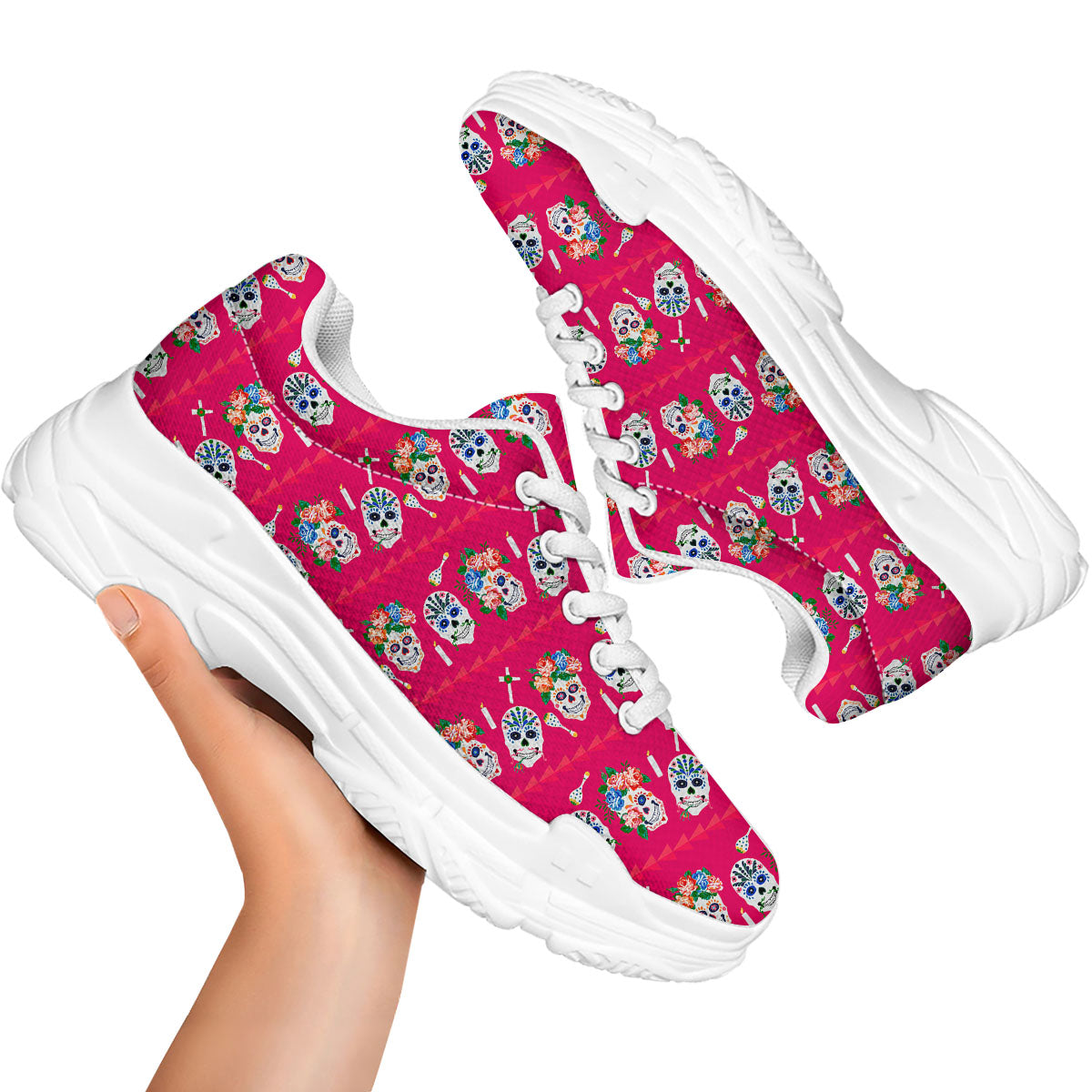 Sugar Skull Pink Print Pattern White Chunky Shoes-grizzshop