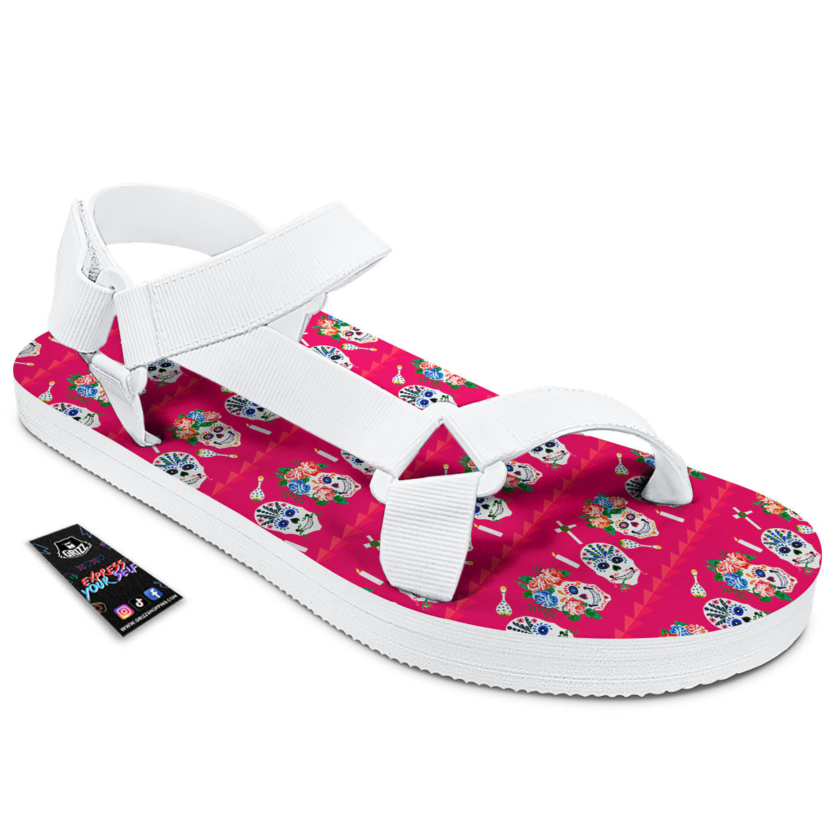 Sugar Skull Pink Print Pattern White Open Toe Sandals-grizzshop