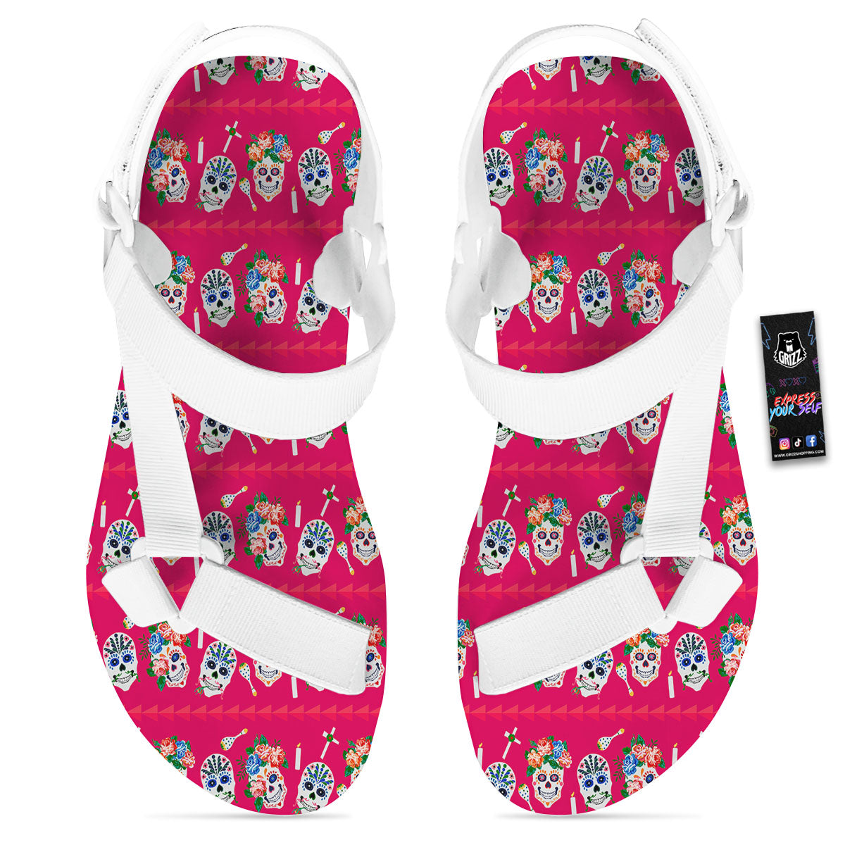 Sugar Skull Pink Print Pattern White Open Toe Sandals-grizzshop