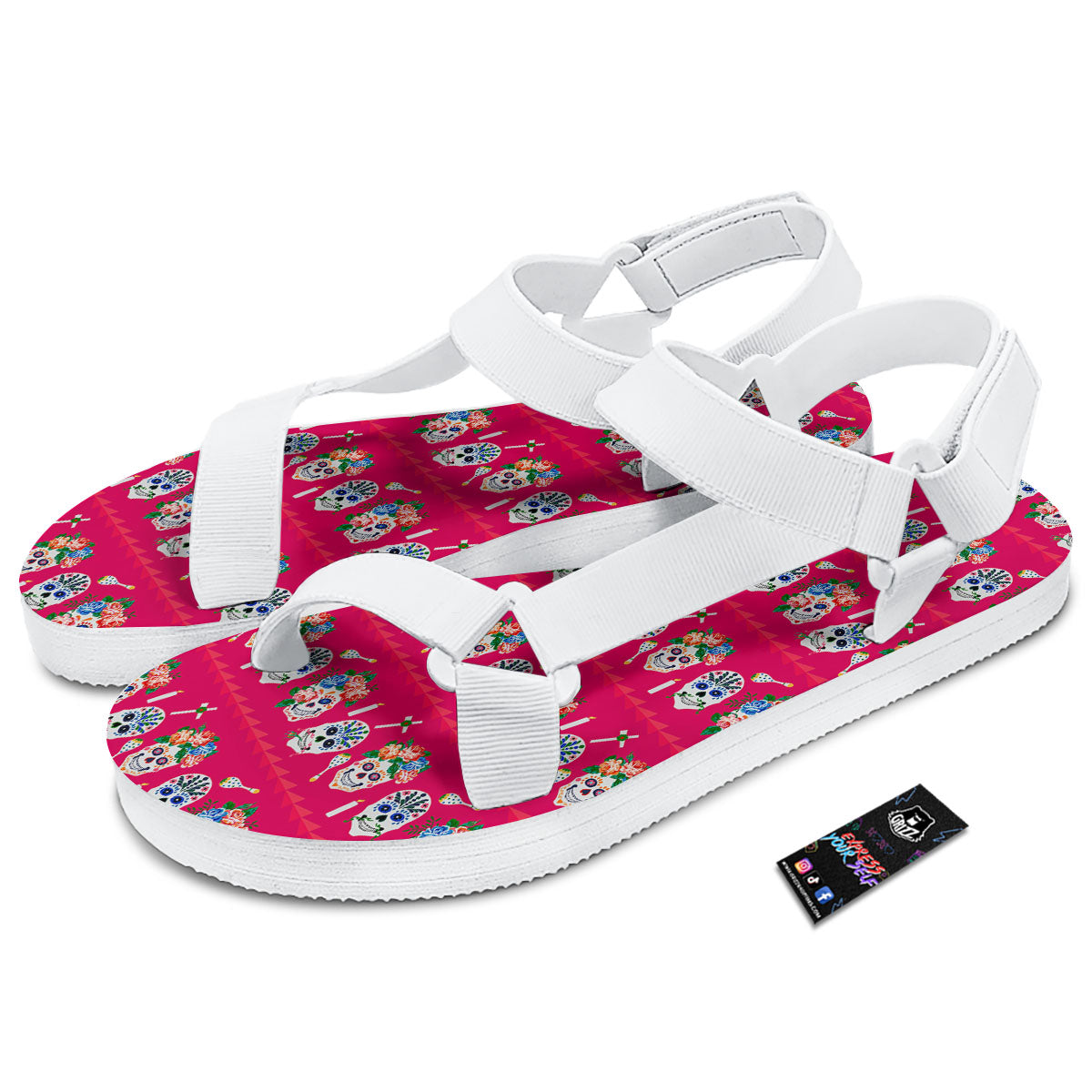 Sugar Skull Pink Print Pattern White Open Toe Sandals-grizzshop