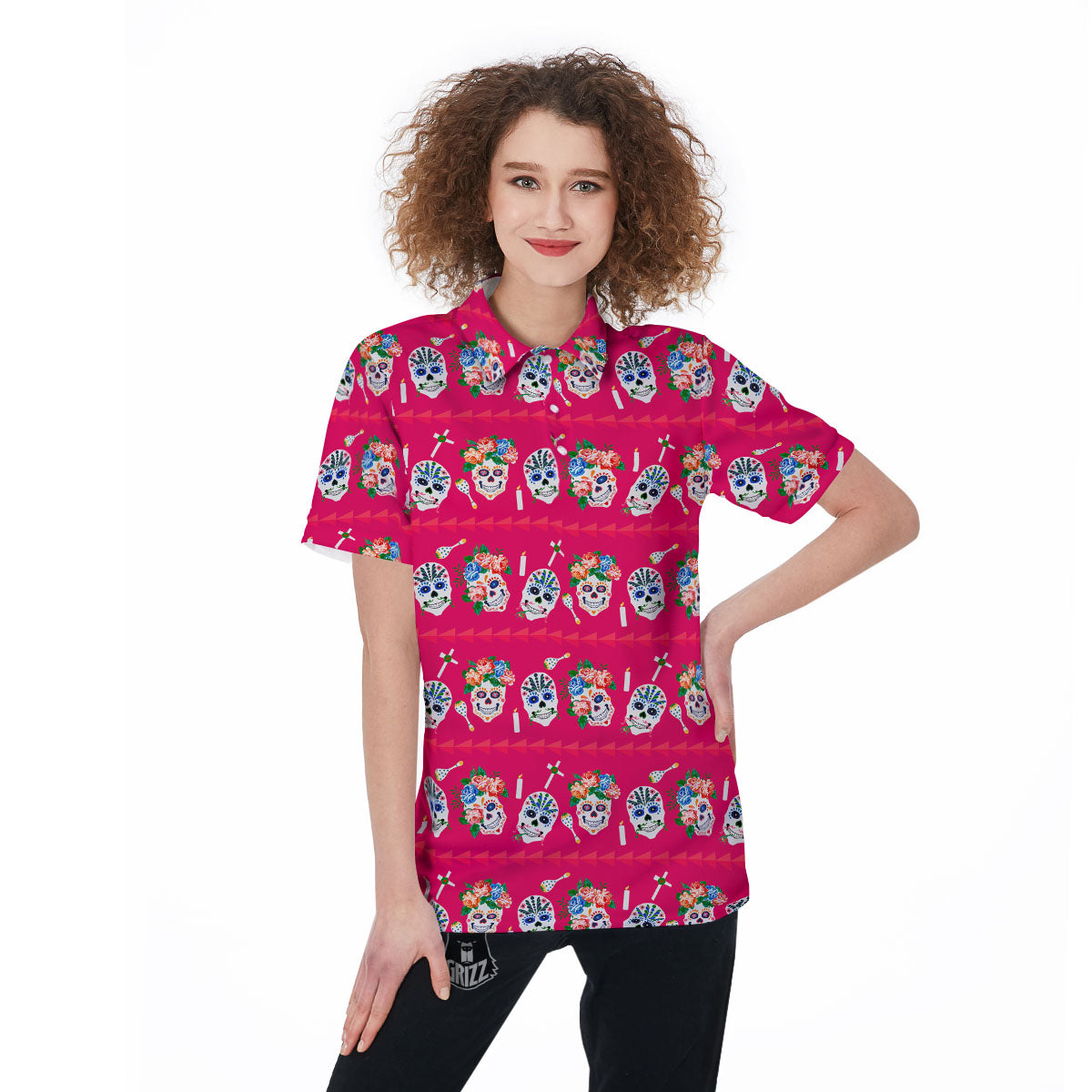 Sugar Skull Pink Print Pattern Women's Golf Shirts-grizzshop
