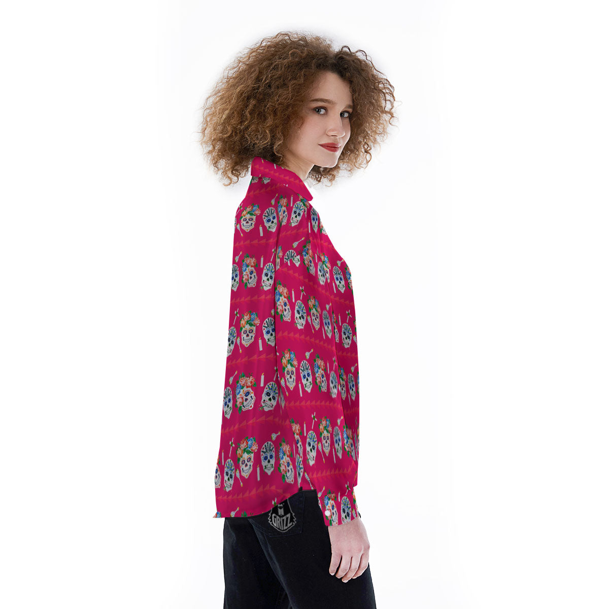 Sugar Skull Pink Print Pattern Women's Long Sleeve Shirts-grizzshop
